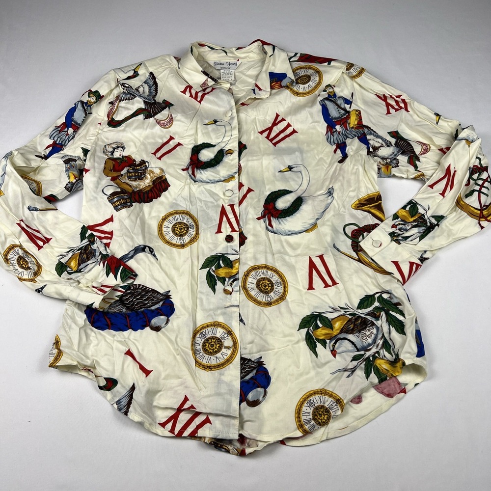 Sharon Young Vintage 12 Days of Christmas Rayon Blouse Cream Novelty Print 8